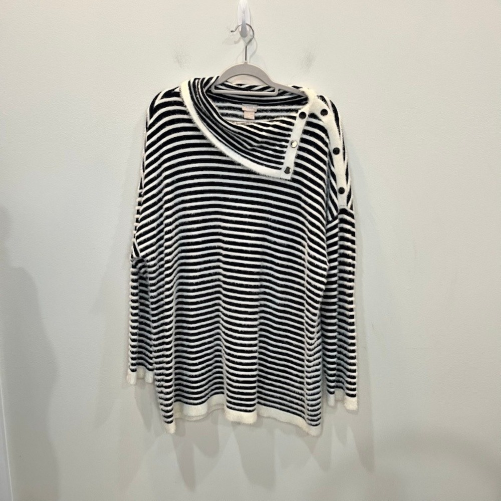 Chicos Zenergy Sweater Navy White Striped Size 4 or US XXL Button Cowl Neck
